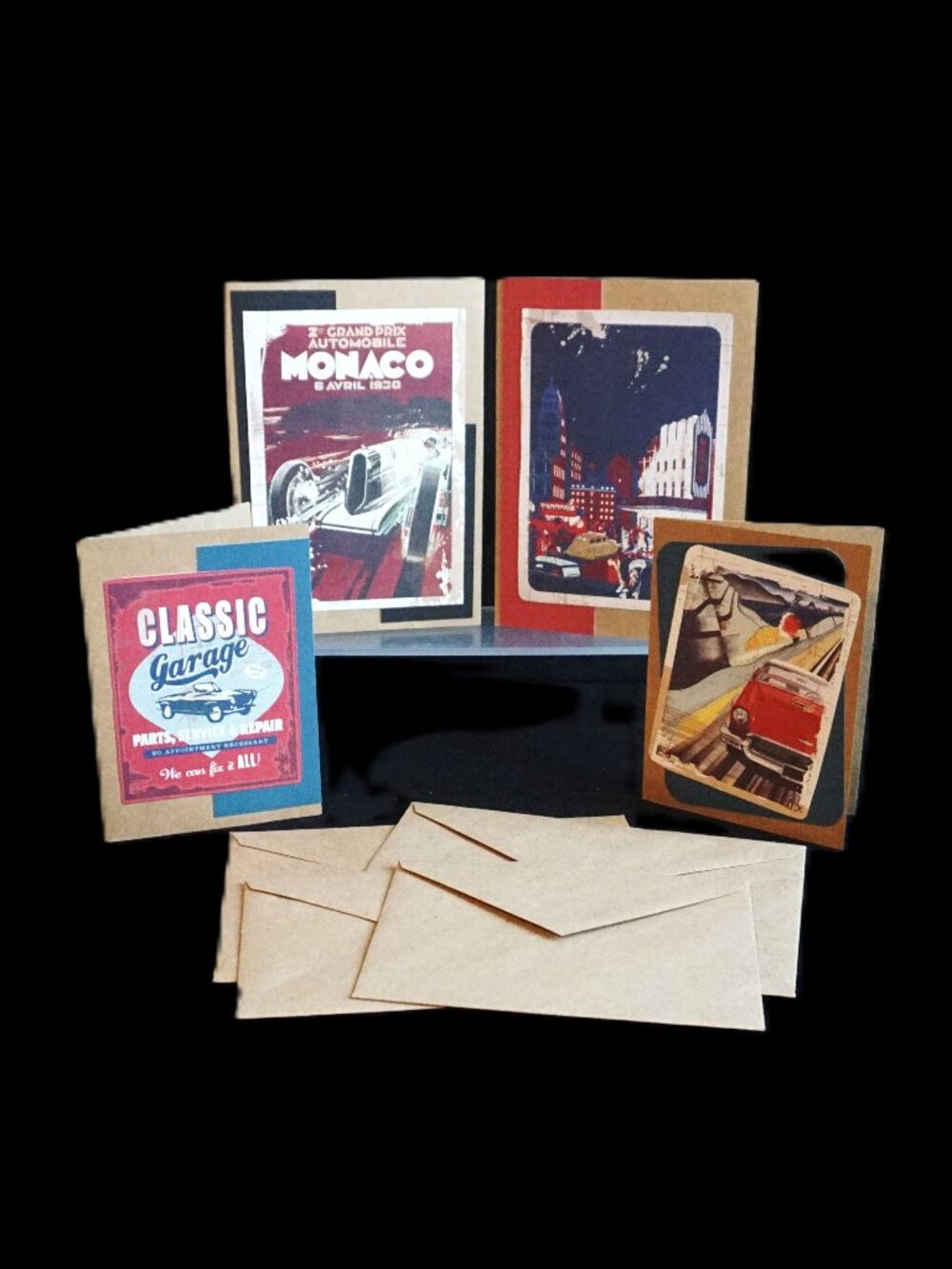 4 Kraft Classic Automobile Print Handmade Note Cards 2 Sizes with Cardstock